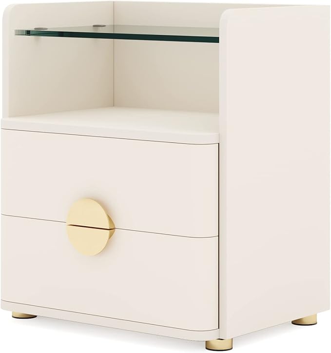 Nightstand with 2 Drawers, Modern Night Stand with Open Storage Space, Wood Bed Side Table for Bedroom, Tempered Glasses Beige End Table with Gold Round Metal Legs for Living Room, Easy Assembly