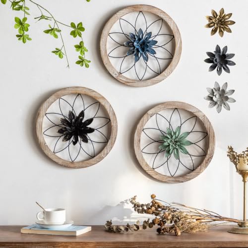 3 Piece Round Farmhouse Wall Decor with 6 Piece Interchangeable Flowers 12'' Medallion Wood & Metal Rustic Wall Art for Living Room Bedroom Kitchen Bathroom Dining Room Home Decorations (3 Count)