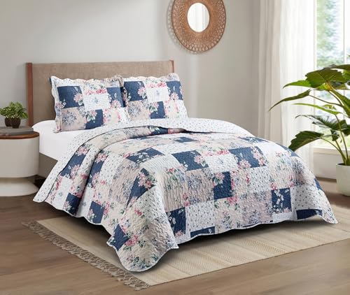Pink Rose & Blue Toile Patchwork Quilt Set