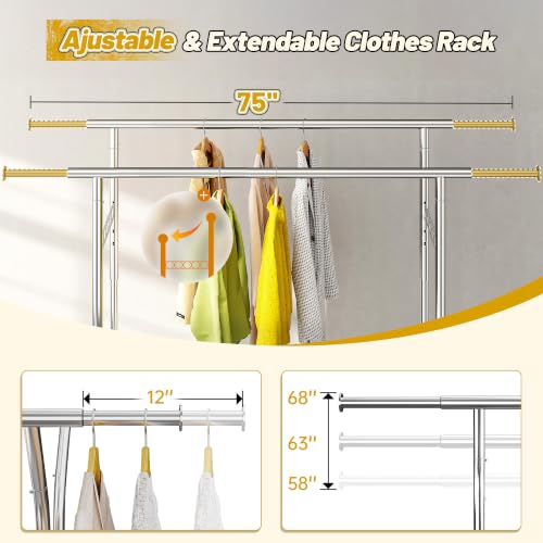 Heavy Duty Clothes Rack 650LBS Double Rods with Shelf Collapsible