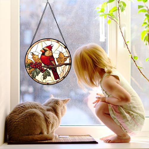 Festive Cardinal Berry Stained Glass Window Hanging Suncatcher Gifts 7.8"