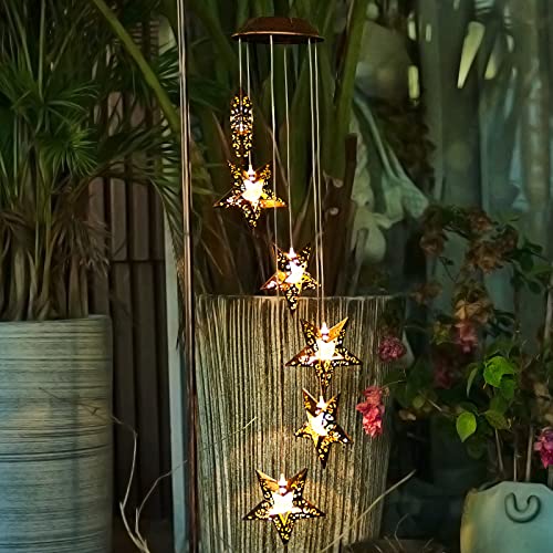 Solar Wind Chimes Star Wind Chime Warm LED Hanging Solar Lights Unique Garden Decor Memorial Thanksgiving Gifts for Mom Grandma Sister Home Party