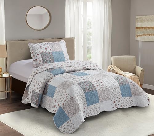 Pink Roses & Blue Checks Patchwork Quilt Set