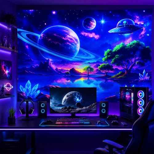 Blacklight Tapestry Alien UFO Party Wall Decor 78 x 59 Inch