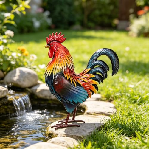 Rooster Garden Statue Sculpture Metal Chicken Yard Decor Outdoor Figurines Patio Backyard Decoration