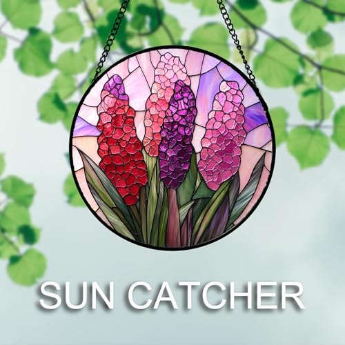 Stained Glass Window Hanging 4 Pcs Set Purple Flower Theme 9.8"