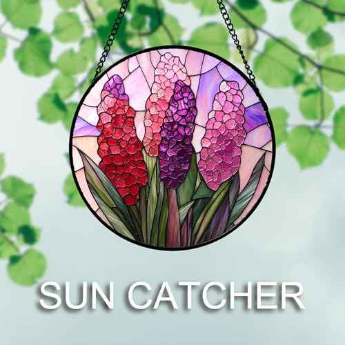Stained Glass Window Hanging 4 Pcs Set Purple Flower Theme 6.3"