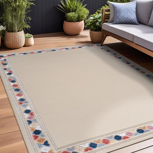 Outdoor Rug 8x10 Modern Bordered Area Rugs for Indoor and Outdoor Patio Easy to Clean Non Shedding Living Room Porch Garden Washable Outside Carpet