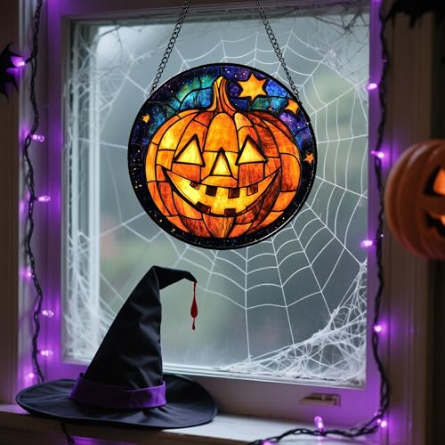 Stained Glass Window Hanging Halloween Horror Golden Pumpkin 9.8"