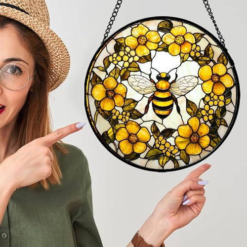 Bee Wreath Stained Glass Window Hanging Suncatcher Gifts for Women 6.3"