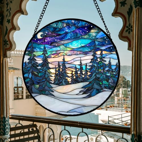 Aurora Winter Forest Stained Glass Window Hanging Suncatcher Gifts 15"