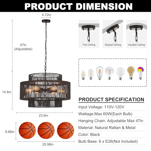 23.6" Black Rattan Chandelier