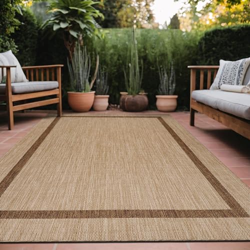 Bordered Outdoor Rug 6x9 Washable Outside Carpet for Indoor Patio Porch Waterproof Easy Cleaning Non Shedding Area Rugs Jute Beige
