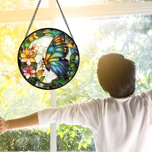 Green Butterfly Flower Stained Glass Window Hanging Suncatcher Gifts 15"