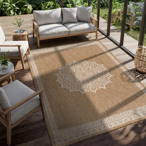 Outdoor Rug 5x7 Medallion Natural Modern Area Rugs for Indoor and Outdoor Patios Kitchen and Hallway Mats Washable Porch Deck Outside Carpet (35 Sq Ft)