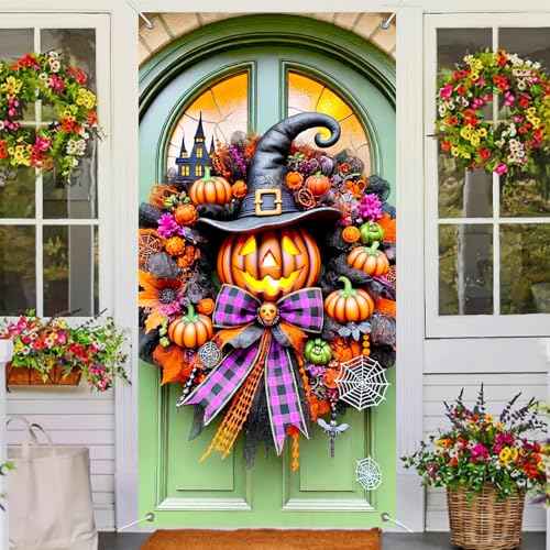 Halloween Door Cover Witch Hat Boo 35x71 Inch Polyester
