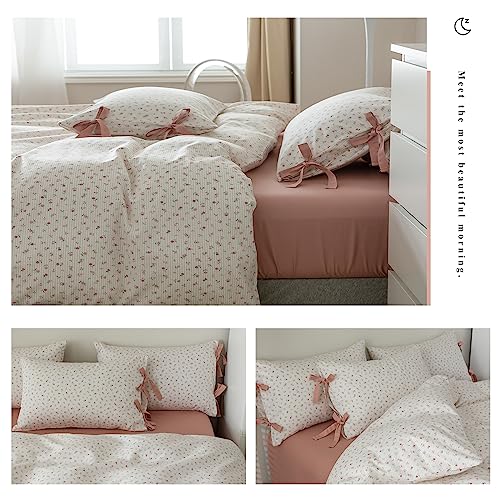 Boho Farmhouse Comforter Set Twin XL Botanical Floral Bedding Comforter with 2 Bow Tie Pillowcases Coquette Flowers Comforter Soft Fluffy Cottagecore Floral Stripes Bedding Set for Teen Girls