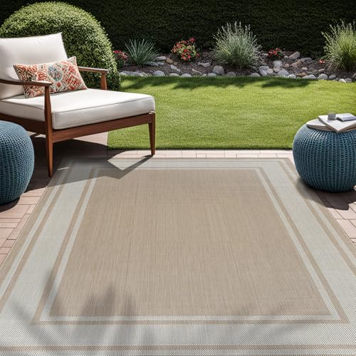 Outdoor Rug 5x7 Modern Bordered Area Rugs for Indoor and Outdoor Patio Deck Porch Garden Waterproof Weather Sun Resistant Washable Outside Carpet (35 Sq Ft)