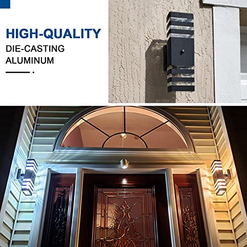 2PK Dusk to Dawn Sensor Outdoor Wall Lights Up Down Porch Lights Modern Exterior Light Fixtures Photocell Waterproof Black Aluminum Housing for Front Porch