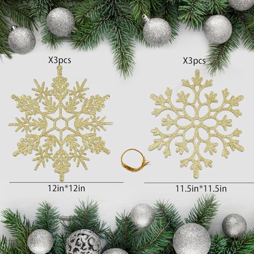 6pcs Large Gold Snowflakes Ornaments 12" Big Plastic Glitter Snowflake for Winter Indoor Outdoor Christmas Tree Window Room Decorations Giant Craft Snowflakes (6 Count)