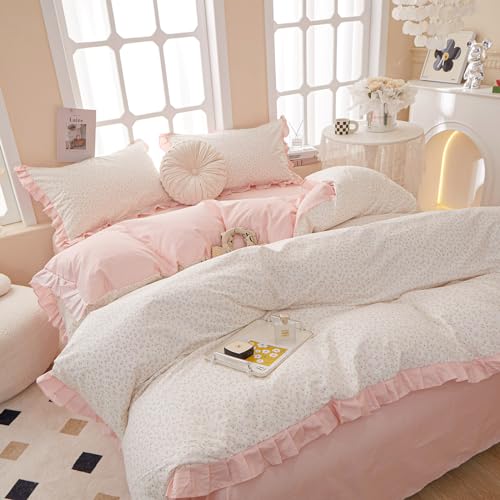 Pink Flower Comforter Set Full Vintage Coquette Bedding Comforter Cottagecore Floral Comforter Set with Elegant Ruffles Soft Fluffy Lightweight Botanical Bedding Set for Girls Women