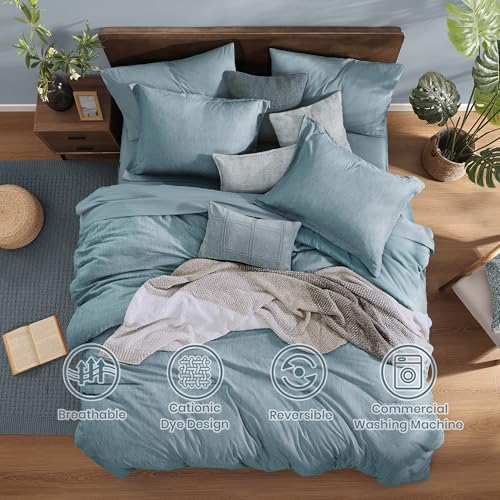 Full Comforter Set 7 Pieces Dusty Blue Cationic Dyeing Bed in a Bag