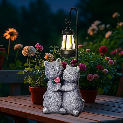 Outdoor Cat Garden Statues with Solar Lantern