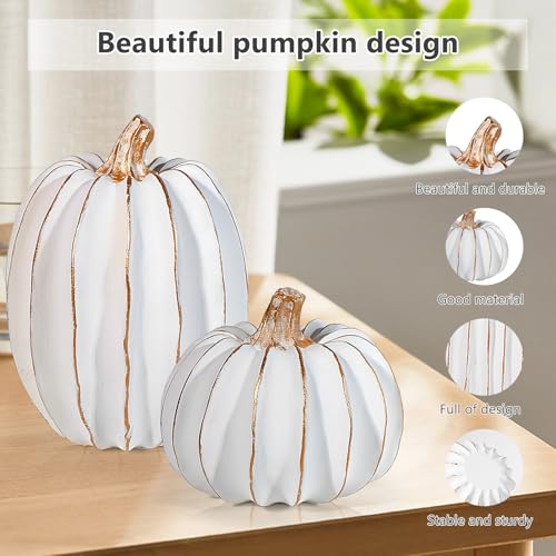 2Pcs Halloween Pumpkin Artificial Resin Pumpkins Decor for Mantel Harvest Autumn Tabletop Decoration Gold Fall Pumpkin Decorations Thanksgiving Table Centerpieces (2 Count)