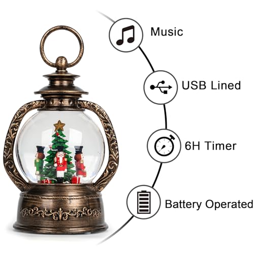 Christmas Snow Globe Lantern Water Glittering Nutcrackers with Music & Timer