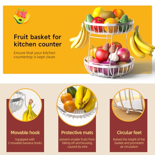 2 Tier Fruit Bowl for Kitchen Counter with Banana Hangers