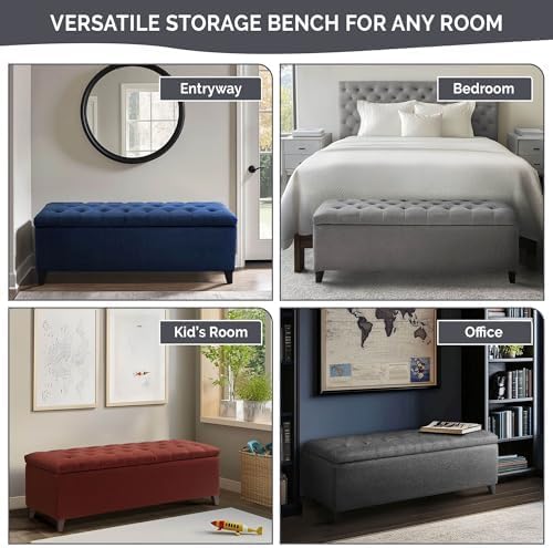 Madison Park Entryway Accent Bench for Living Room Flip Top Storage Chest, Shandra Tufted Top Upholstered Storage Bench End of Bed for Bedroom Furniture, Indoor Seating, 49"Wide, Grey