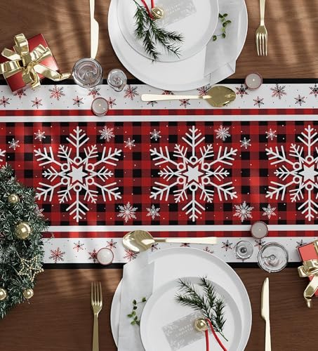 Christmas Table Runner Snowflakes Christmas Decorations with Red Buffalo