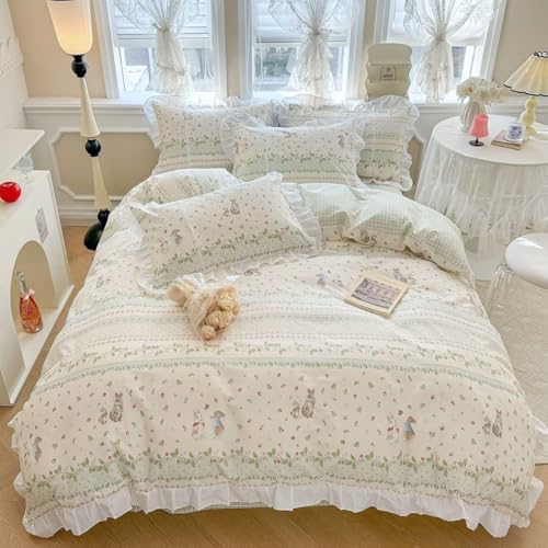 Twin XL Comforter Set Cute Flower Green Leaves Pattern Comforter White Ruffle Bedding Comforter with 2 Pillowcases Reversible Green Plaid Comforter Botanical Flower Cute Rabbit Comforter Set
