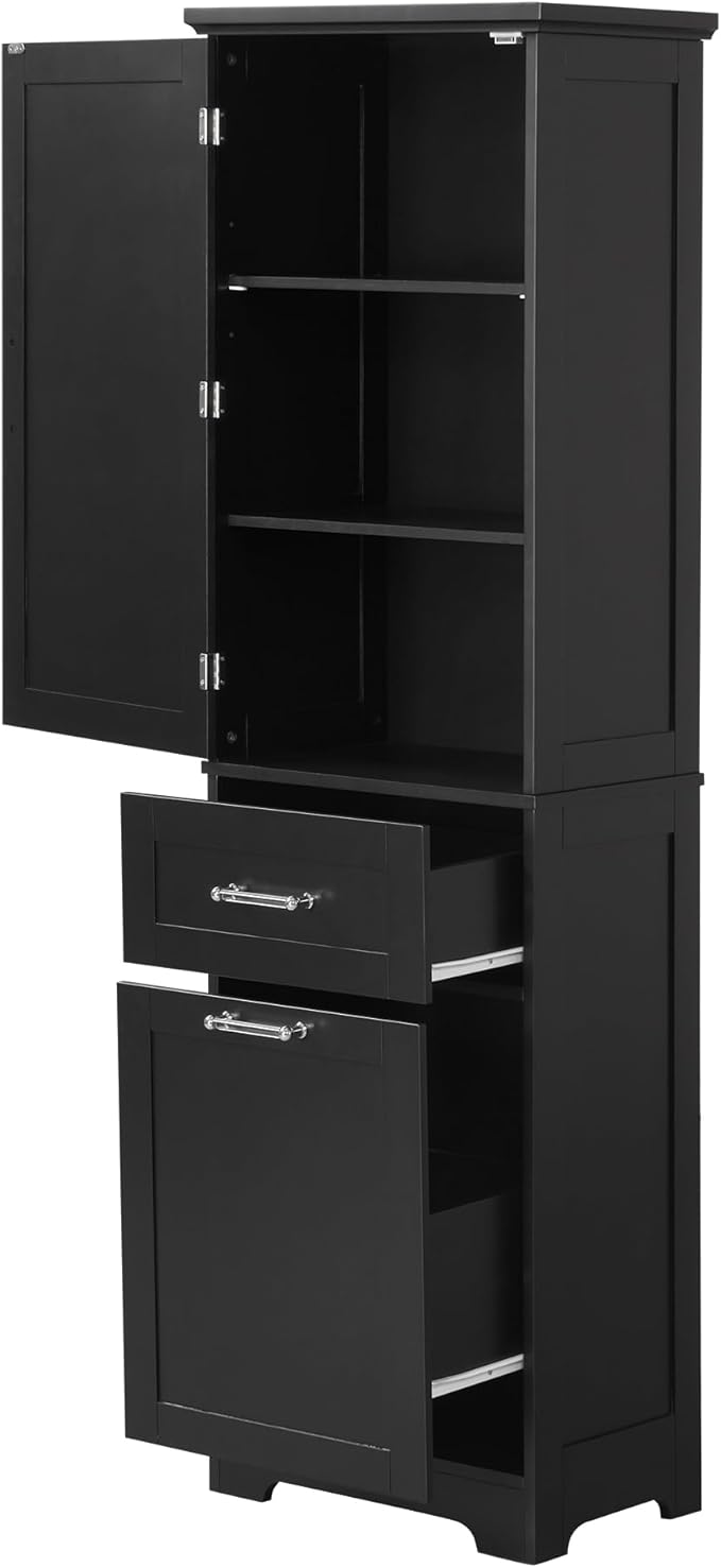 Bathroom Cabinet with Drawers and Doors, Tall Storage Display Organizer, Kitchen Pantry, Black