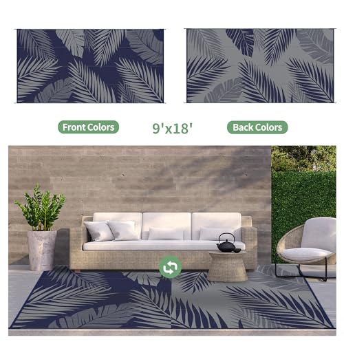 Outdoor Rug Waterproof Plastic Rugs 9'x18' for Camping Blue Grey