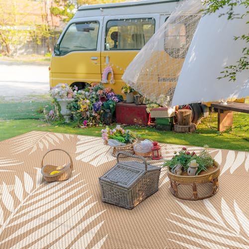 Outdoor Rug Waterproof Plastic Rugs 10'x14' for Camping Brown Beige