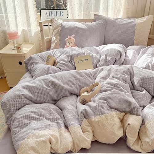 Purple Gingham Comforter Set Queen Romantic Lace Style Checkered Pattern Comforter Set Farmhouse Purple Grid Plaid Bedding Comforter Queen Fluffy Soft Lightweight Gingham Bedding Set