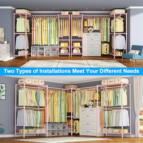 E10L L Shaped Clothes Rack for Corner（With Expandable Hanger Rod）Heavy Duty Freestanding Clothing Racks for Hanging Clothes