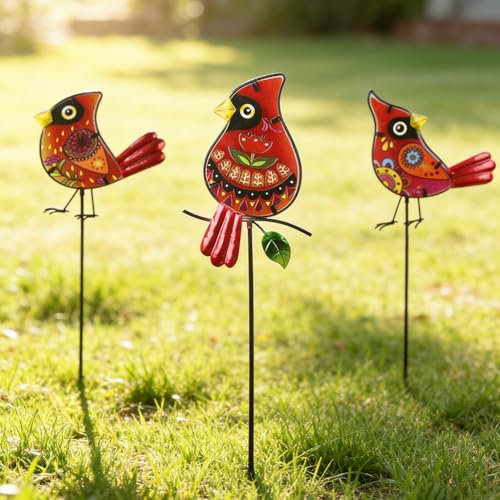 Set of 3 Cardinal Stained Glass Decorative Garden Stakes (3 Count)