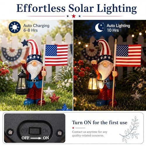 Solar Patriotic Gnomes Statues with Flag for Garden Decor