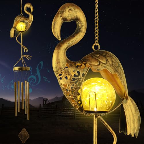 Flamingo Solar Wind Chimes for Outside Gifts for Women Mom Grandma Sister Crackle Glass Ball Flamingo Wind Chimes Solar Lights Outdoor Decor for Garden Backyard Patio Yard Porch