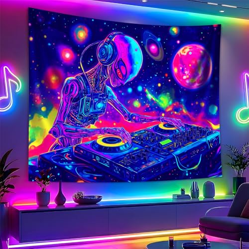 Blacklight Space Astronaut Tapestry UV Reactive Galaxy Planet Glow in Dark Tapestries Black Light Poster Neon Wall Hanging Art for bedroom Living Room