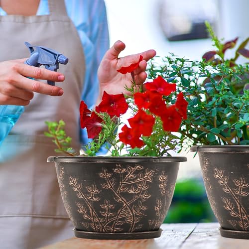 12-inch-Flower-Pots-Outdoor-Indoor, 4 Pack Plastic Planter Pots for Plant with Drainage Hole Saucer, Decorative Resin Garden Container with Tray (4 Count)