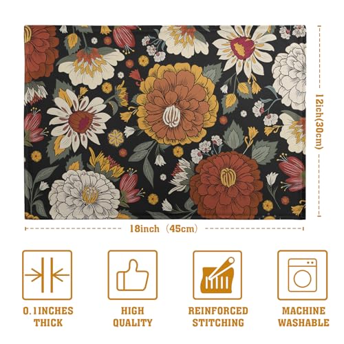 Black Boho Floral Placemats Set of 4 Spring Summer Vintage Flowers Botanical Decorative Table Mats Mid Century Modern Linen Place Mats for Party Kitchen Dining Outdoor Indoor Decor (4 Count)