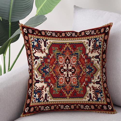 Outdoor Waterproof Pillow Covers 18x18 Inch Red Floral Bohemian Vintage Carpet Pattern Ethnic Design Decorative Farmhouse Cushion Cases for Sofa Couch Garden Balcony Set of 2 (8 Count)