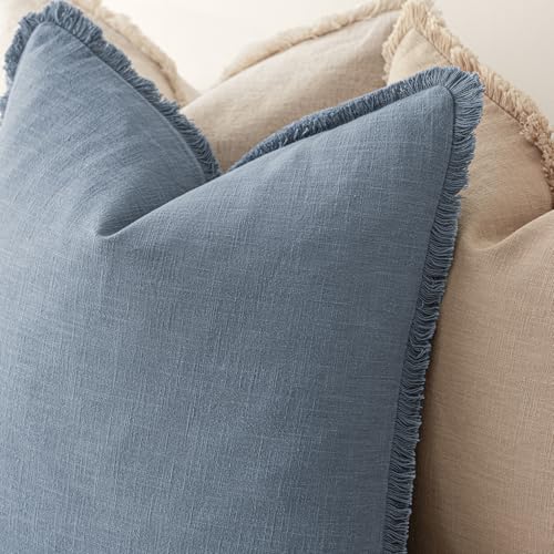 Decorative Linen Fringe Throw Pillow Covers 16×16 Misty Blue (2 Count)