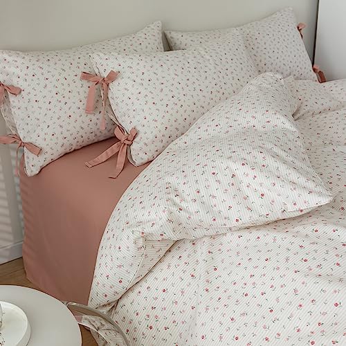 Boho Farmhouse Comforter Set Twin XL Botanical Floral Bedding Comforter with 2 Bow Tie Pillowcases Coquette Flowers Comforter Soft Fluffy Cottagecore Floral Stripes Bedding Set for Teen Girls