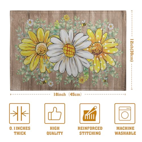 Spring Summer Floral Set of 4 Sunflower Daisy Eucalyptus Leaf Wooden Board Place Mats 12x18 Inch Rustic Vintage Flowers Farmhouse Table Mats for Home Kitchen Dining Decoration (4 Count)