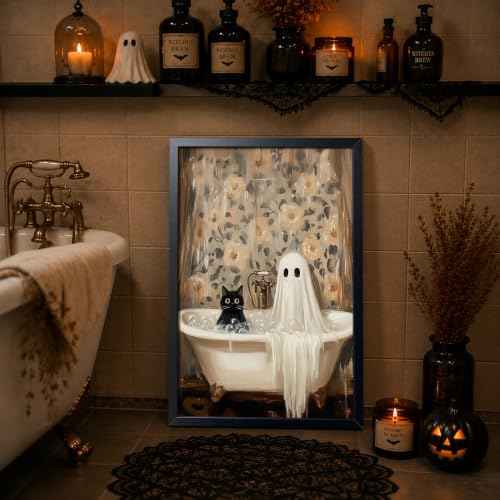 Funny Black Cat Bathroom Wall Art Framed Canvas Print