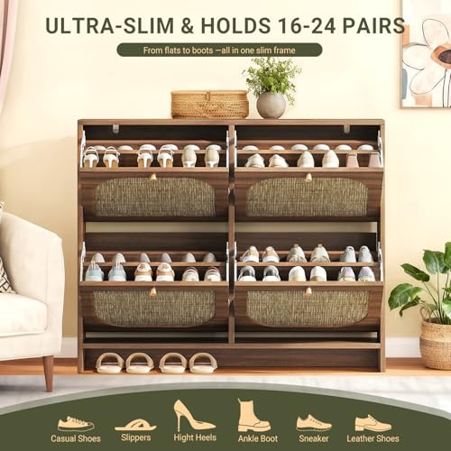 Freestanding Ultra Slim Fluted Accent Shoe Storage Cabinet for Entryway